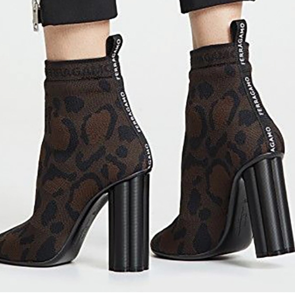 Salvatore Ferragamo Animal Print Knit Sock High Heeled Booties Size 7 D … - Picture 8 of 9